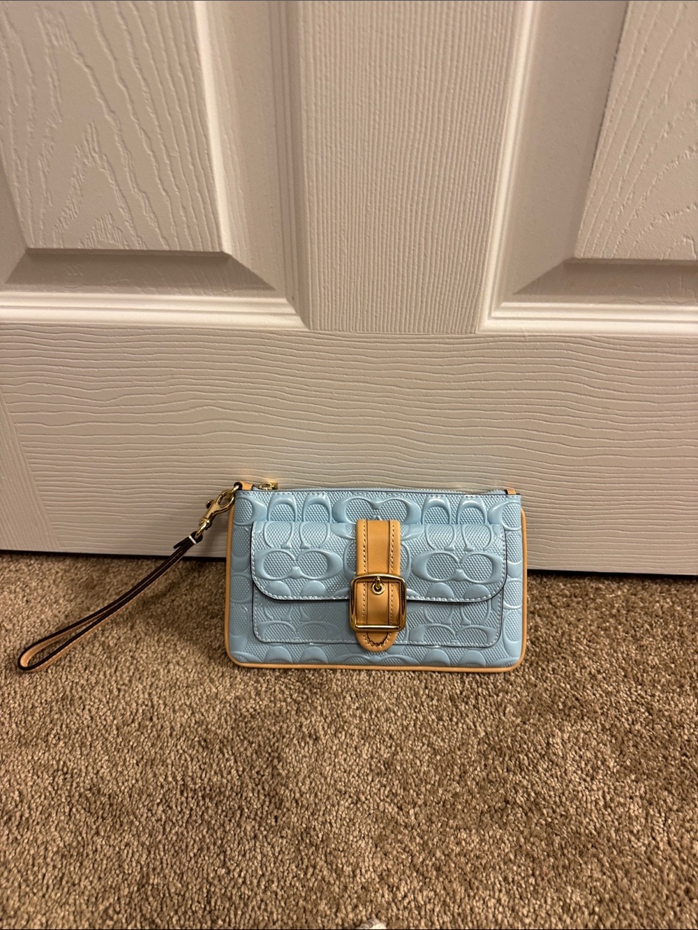 Coach Ashton Wristlet in Signature Leather Blue with Tan Trim and Gold Buckle